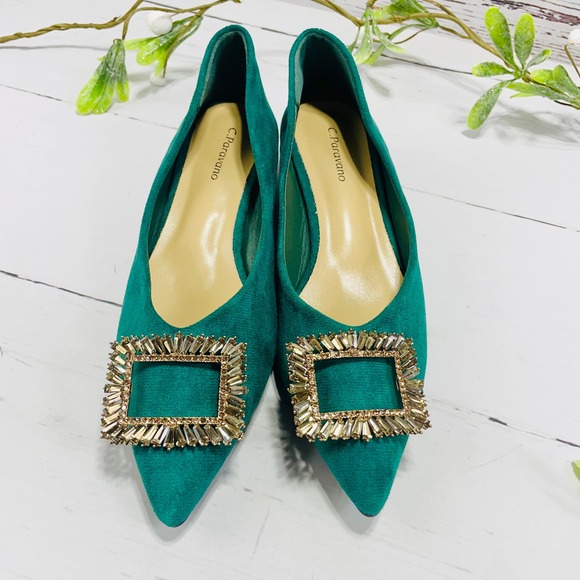 NEW C Paravano Hunter Green Block Heel Pointed Toe Flats with Embellished Buckle - Picture 3 of 12
